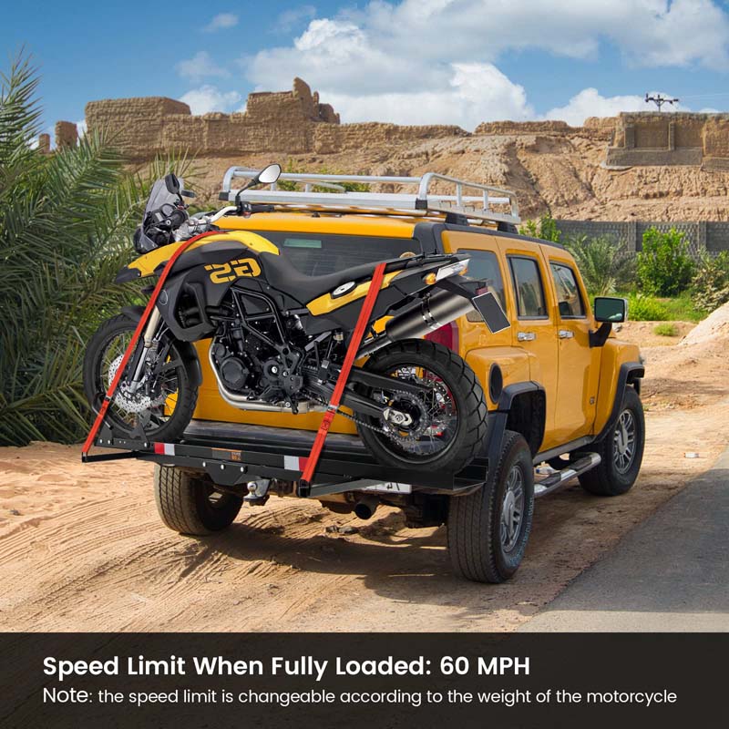 600LBS Motorcycle Hitch Carrier with Loading Ramp & 2 Straps, Heavy Duty Steel Mount Hauler Rack for SUV RV, Dirt Bike Trailer Fits up to 7.5" Wide Tire