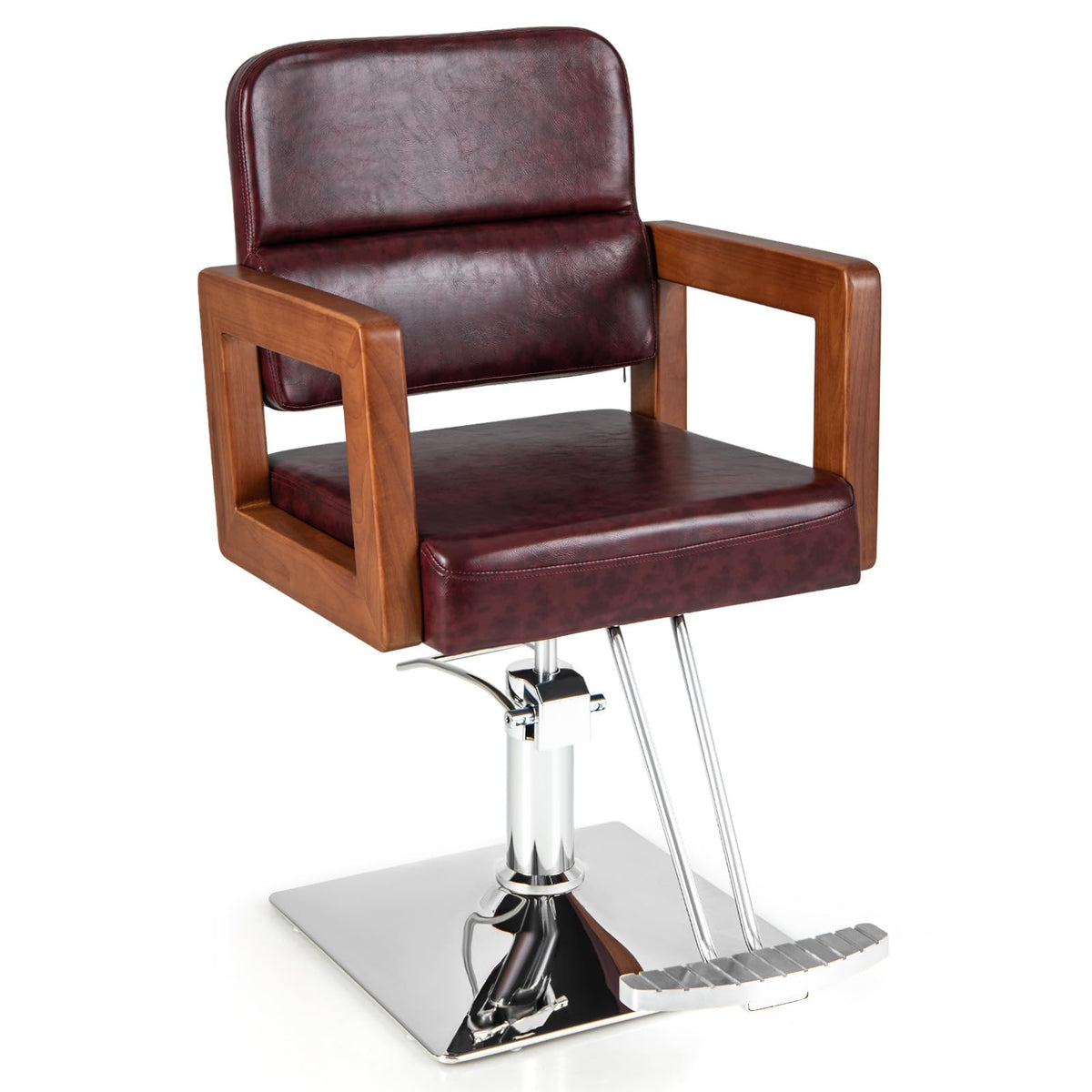 Sleek Red 360° Swivel Barber Salon Chair for Hair Stylist with Wood Armrest, Adjustable Height, Heavy-Duty Hydraulic Pump