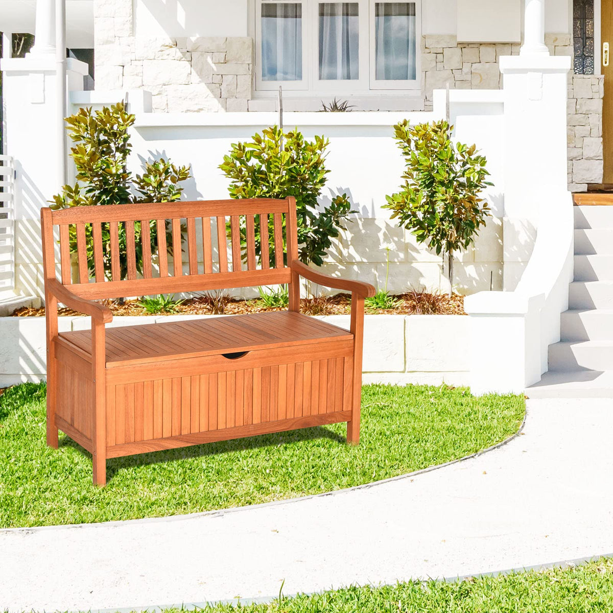 42" Outdoor Eucalyptus Wood Storage Bench Deck Box 33 Gallon with Waterproof Inner Lining, 2 Person Garden Loveseat for Porch, Yard & Balcony