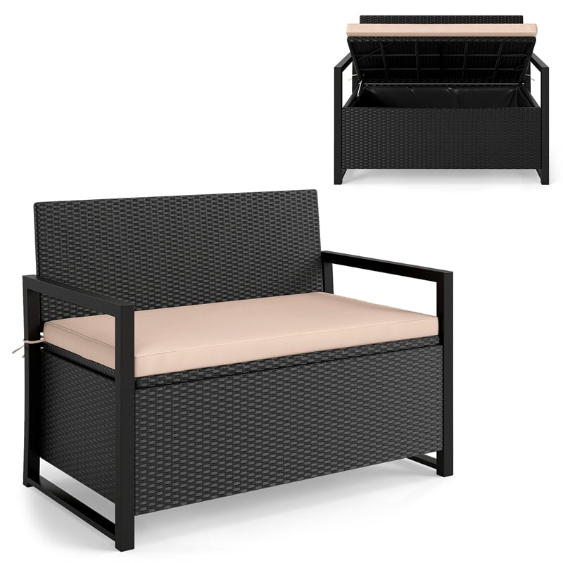 40 Gallon Outdoor Wicker Storage Bench with Cushion & Cover, Metal Frame Patio Deck Box Seat, Rattan Loveseat for Garden, Poolside