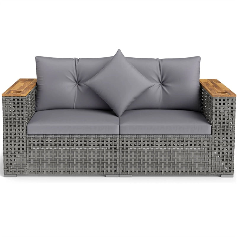 62.5" Patio Wicker Loveseat w/ Acacia Wood Armrests & Cup Holders, 2PCS Modular Rattan Corner Sectional Sofa w/ Cushions & Pillows for Backyard