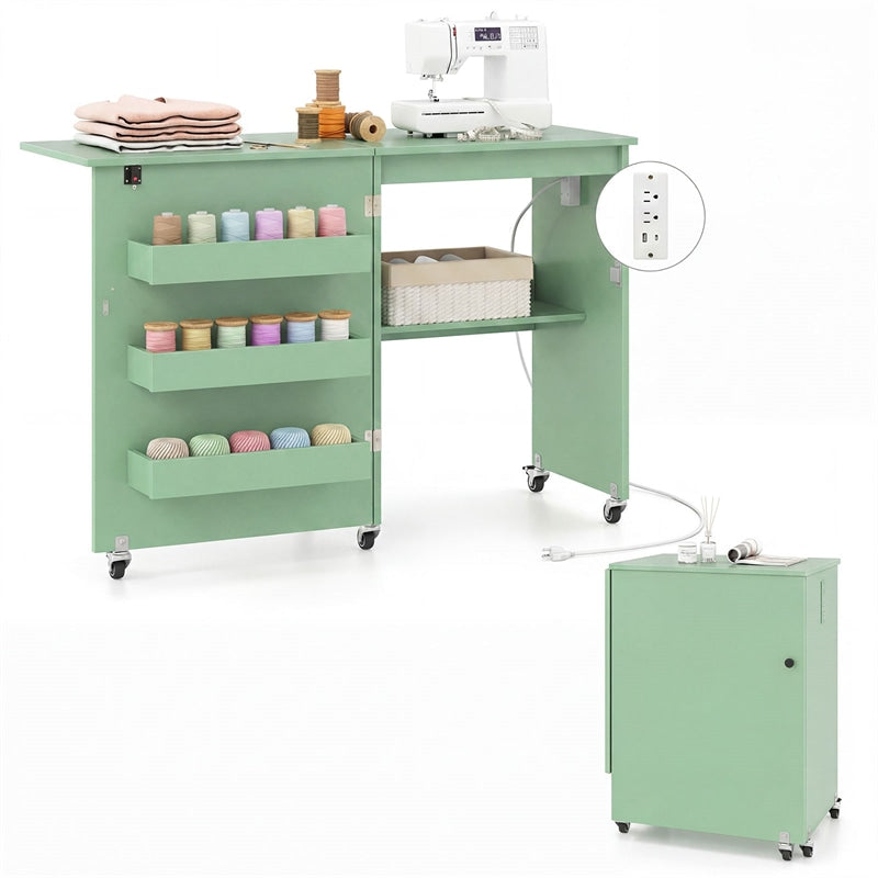 Folding Sewing Table with Charging Station, Rolling Craft Table w/ 3 Storage Trays & Shelf, Mobile Sewing Machine Cabinet for Small Spaces