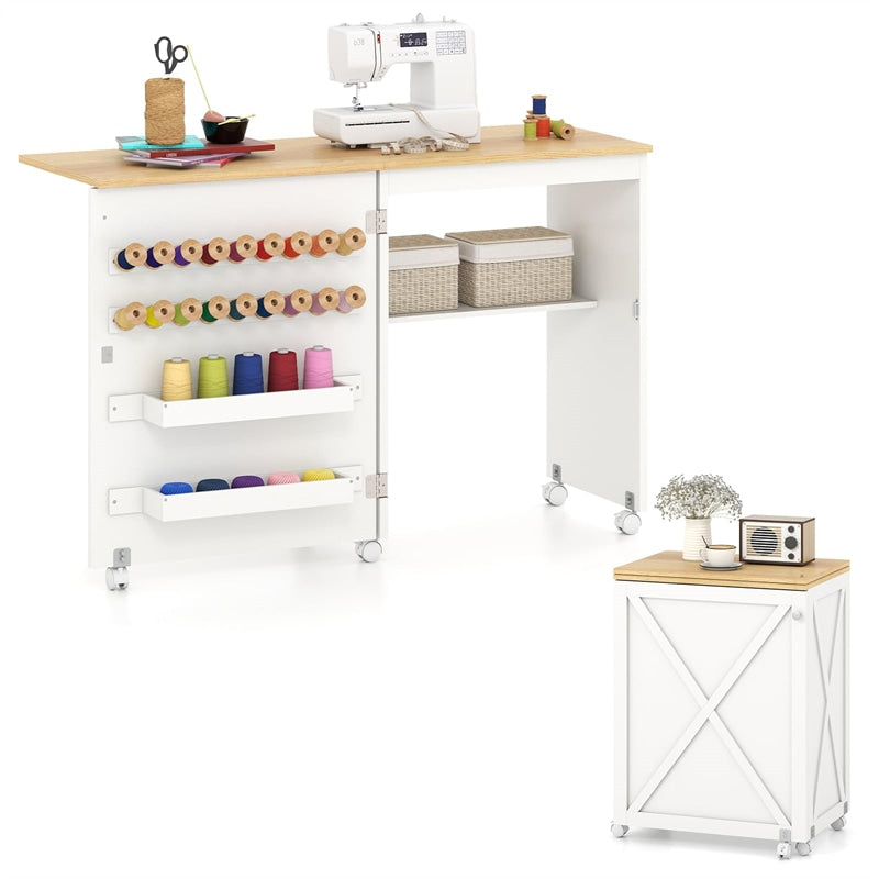 Folding Sewing Table, Farmhouse Sewing Machine Cabinet w/ Barn Door, 18 Pegs & 2 Trays, Rolling Craft Station Side Desk w/ Lockable Wheels