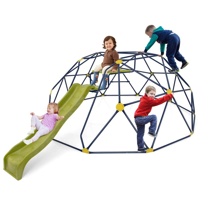 13.3 FT Geometric Climbing Dome Jungle Gym with Extended Wavy Slide & 2 Platforms, Heavy-Duty Steel Outdoor Climber for Kids Playground