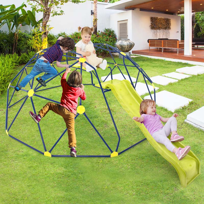 13.3 FT Geometric Climbing Dome Jungle Gym with Extended Wavy Slide & 2 Platforms, Heavy-Duty Steel Outdoor Climber for Kids Playground