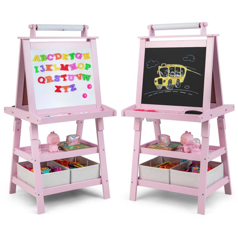 3-in-1 Double-Sided Kids Art Easel, Wooden Toddler Easel with Storage, Magnetic Whiteboard, Chalkboard & Paper Roll for Painting Drawing