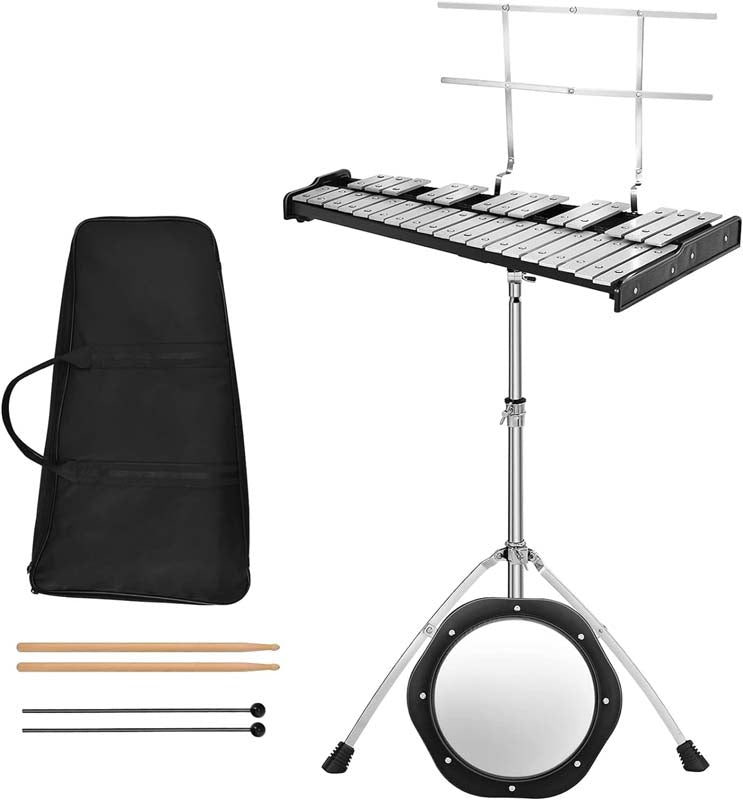 32 Note Professional Glockenspiel Bell Kit, Percussion Xylophone w/ Adjustable Stand, 8" Practice Pad, Mallets, Drumsticks & Bag for Student Beginner