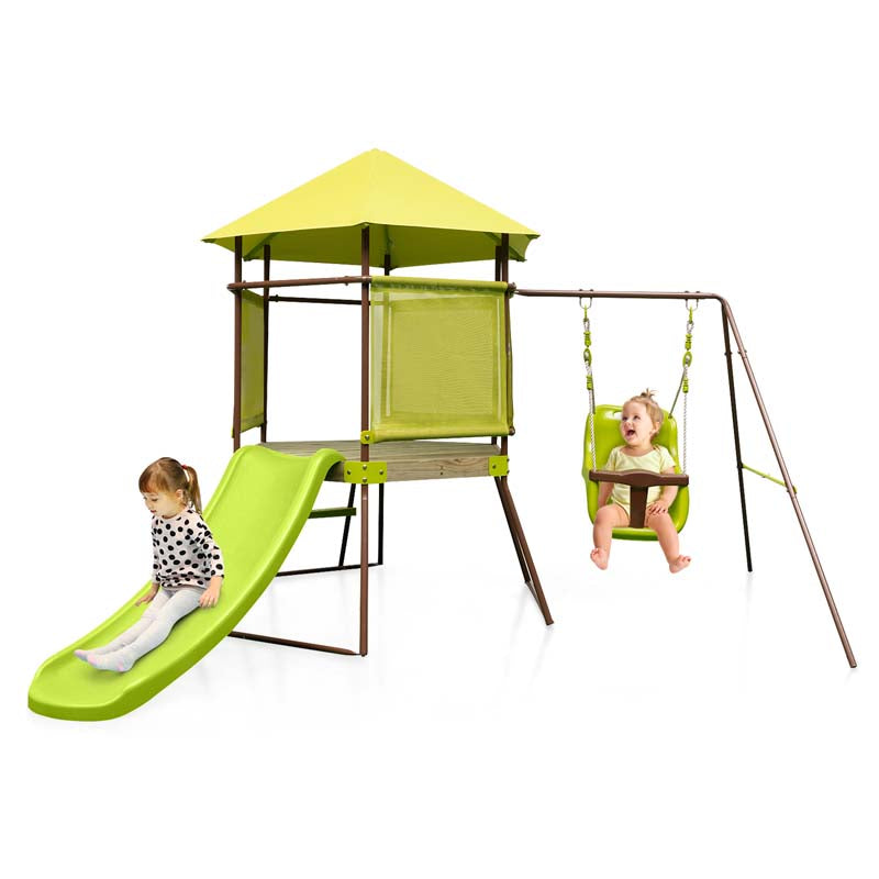 4-in-1 Heavy Duty Metal Swing Set for Kids with Slide, Covered Playhouse Fort, Adjustable Baby Seat & Ladder, Outdoor Playset Swing Set for Backyard
