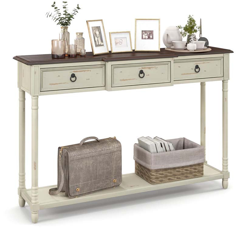 52" Farmhouse Entryway Console Table w/3 Drawers, Open Storage Shelf, Long Narrow Sofa Table Cottage Foyer Table for Hallway