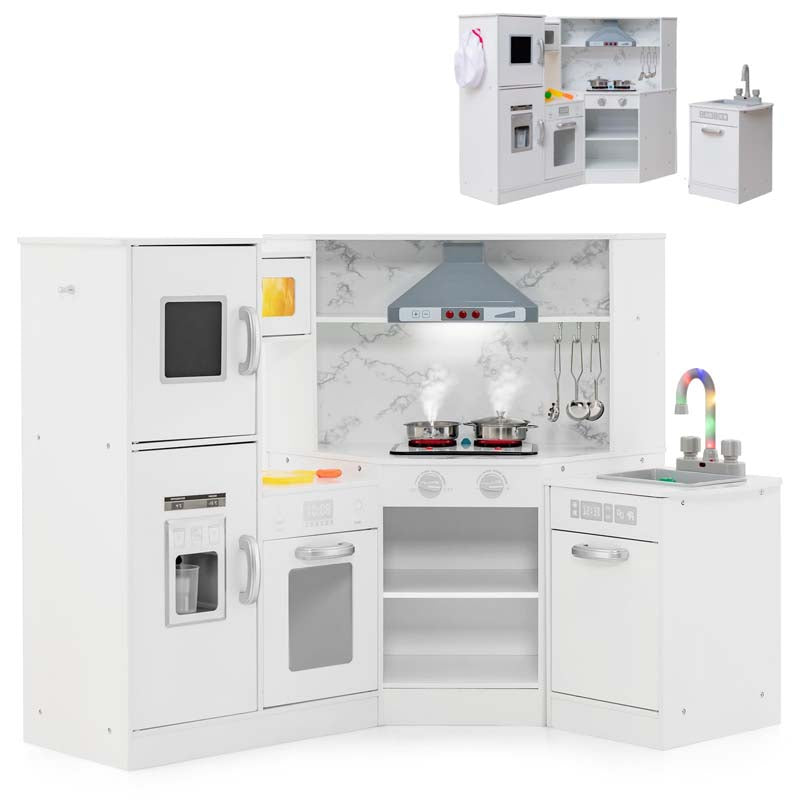 Corner Wooden Kids Kitchen Playset, Little Chef Pretend Toy Kitchen Set w/ Microwave, Range Hood, Washing Basin, Lights & Sounds for Toddlers