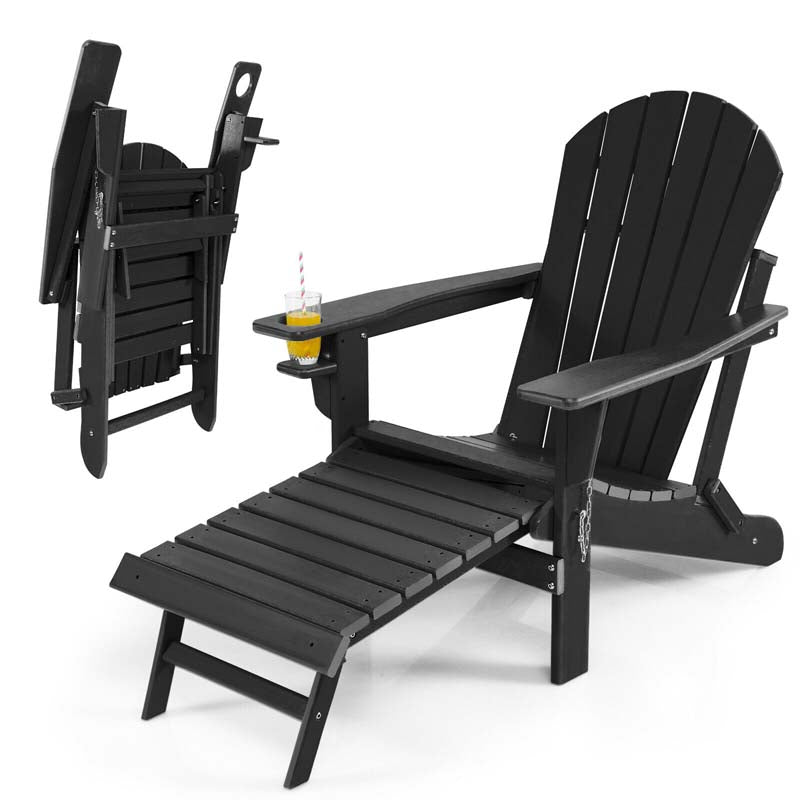 All-Weather HDPE Folding Adirondack Chair with Retractable Ottoman & Cup Holder, Outdoor Patio Fire Pit Lounge Chair for Backyard, Poolside