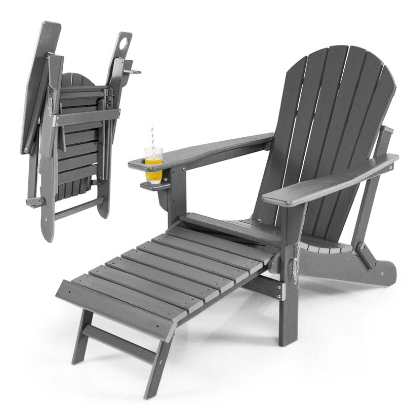 All-Weather HDPE Folding Adirondack Chair with Retractable Ottoman & Cup Holder, Outdoor Patio Fire Pit Lounge Chair for Backyard, Poolside