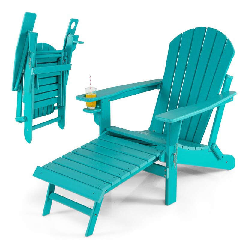 All-Weather HDPE Folding Adirondack Chair with Retractable Ottoman & Cup Holder, Outdoor Patio Fire Pit Lounge Chair for Backyard, Poolside
