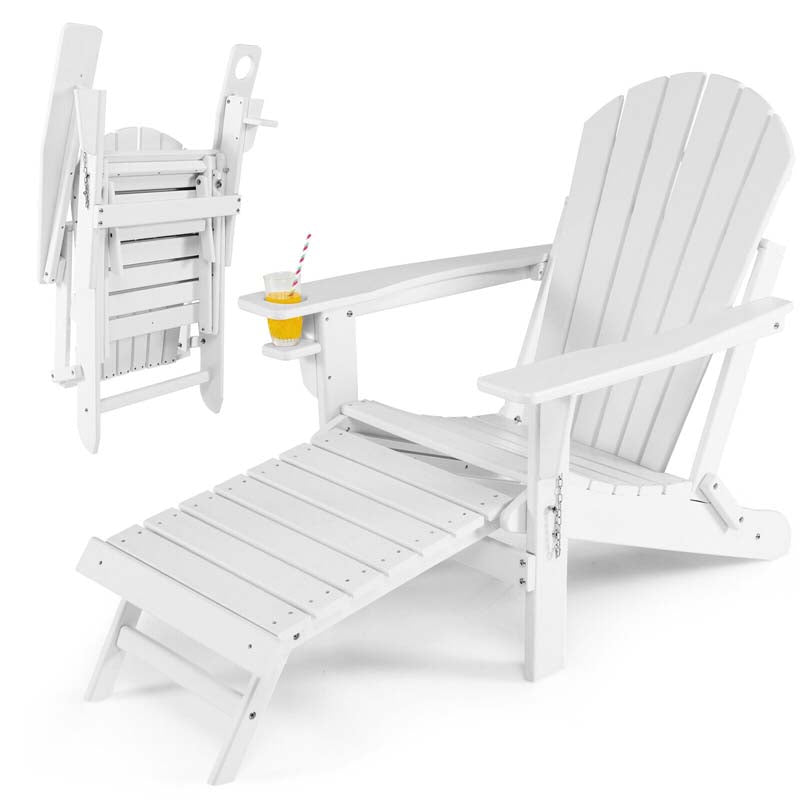 All-Weather HDPE Folding Adirondack Chair with Retractable Ottoman & Cup Holder, Outdoor Patio Fire Pit Lounge Chair for Backyard, Poolside