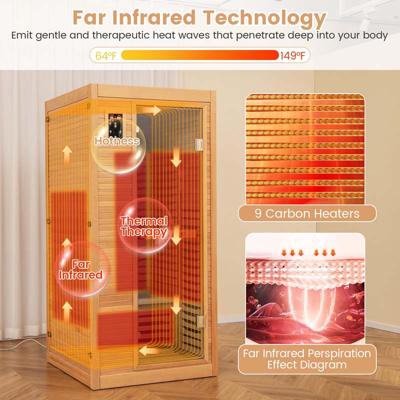1-2 Person Low-EMF Far Infrared Sauna, Canadian Hemlock Wood Home Sauna Room with 9 Carbon Heaters, Oxygen Ionizer & Dual-Control System