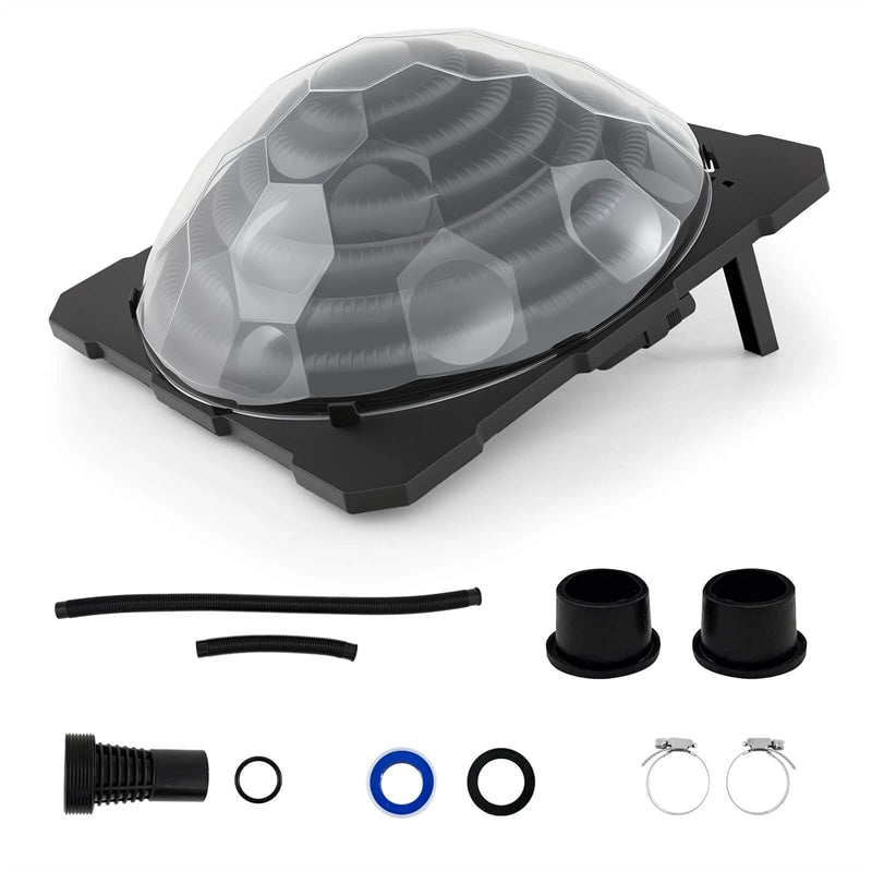 Solar Dome Pool Heater for Inground & Above Ground Swimming Pool with Transparent Cover, Black Heating Coil, Rotatable Hose Connectors, Foldable Legs