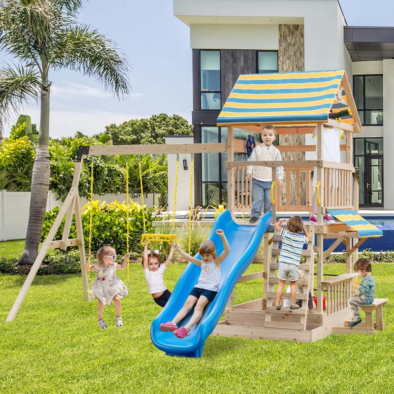 All Solid Fir Wood Swing Set for Kids with Large Upper Deck, Slide & Sandbox, 8-in-1 Outdoor Playset w/Steering Wheel, Play Telescope, Snack Bench