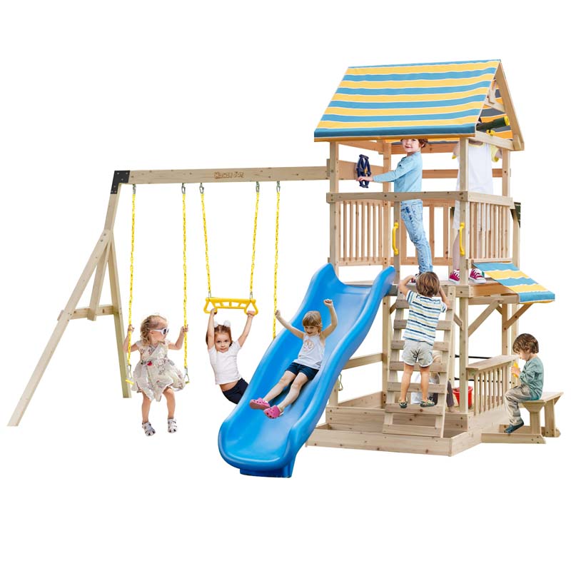 All Solid Fir Wood Swing Set for Kids with Large Upper Deck, Slide & Sandbox, 8-in-1 Outdoor Playset w/Steering Wheel, Play Telescope, Snack Bench