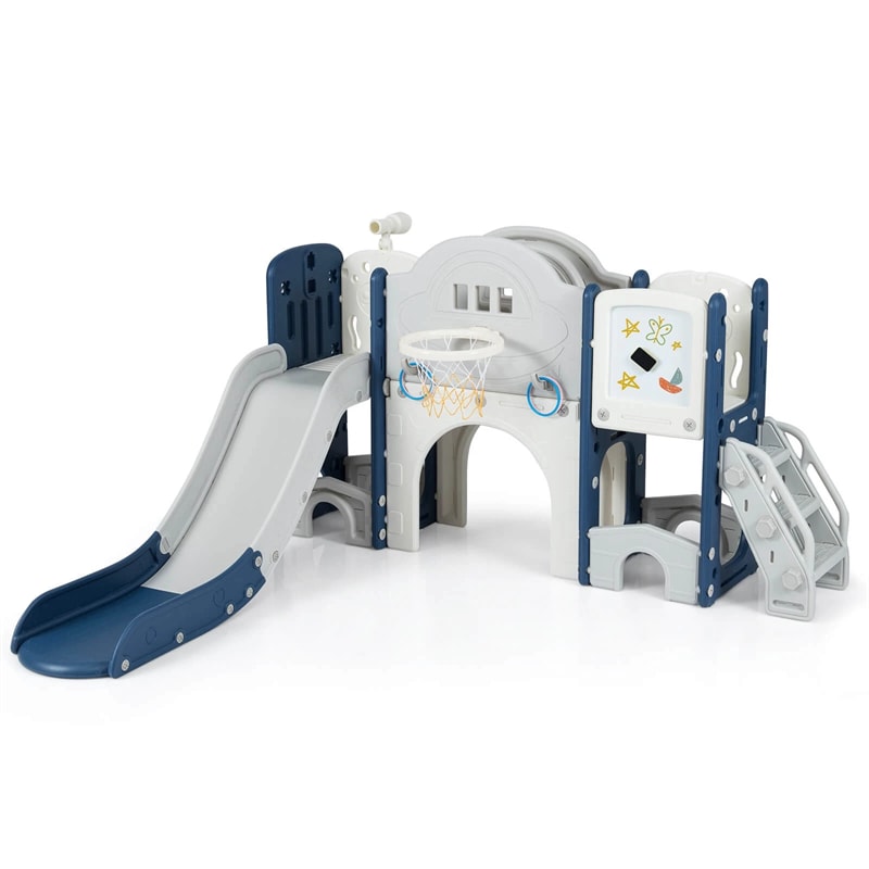 10 in 1 Toddler Slide Set, Kids Slide and Climber Playset with Magnetic Whiteboard, Basketball Hoop & Ring Toss, Indoor Playground for Ages 3+