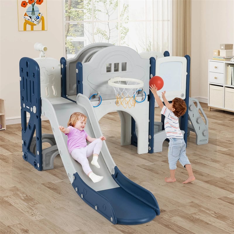 10 in 1 Toddler Slide Set, Kids Slide and Climber Playset with Magnetic Whiteboard, Basketball Hoop & Ring Toss, Indoor Playground for Ages 3+