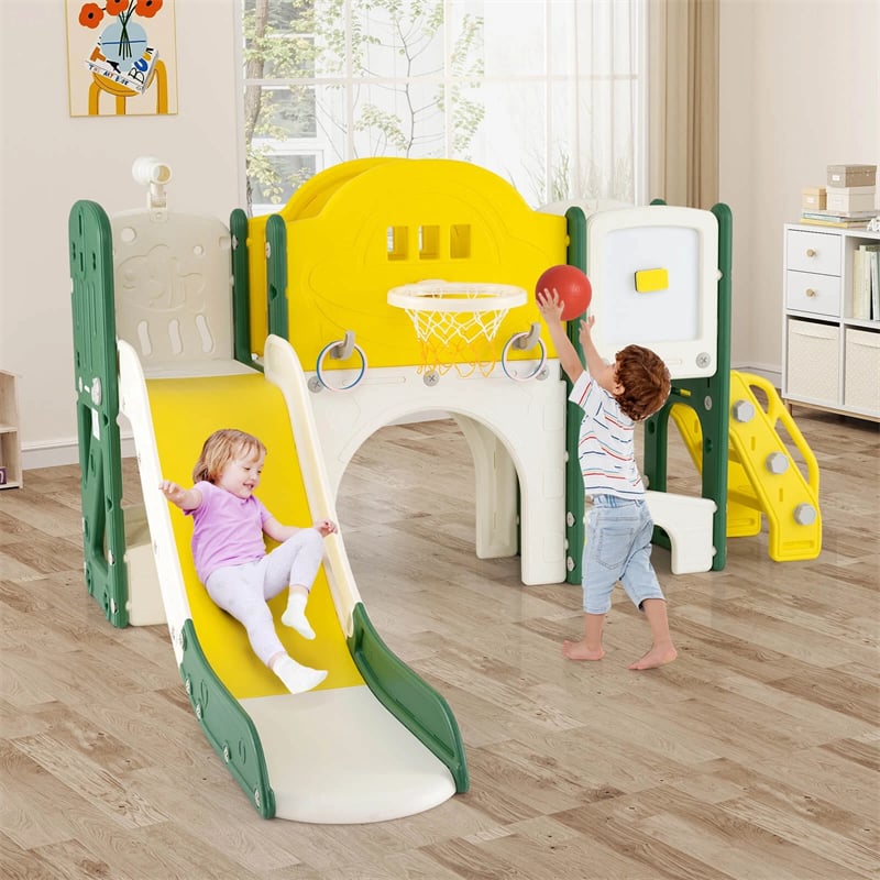 10 in 1 Toddler Slide Set, Kids Slide and Climber Playset with Magnetic Whiteboard, Basketball Hoop & Ring Toss, Indoor Playground for Ages 3+