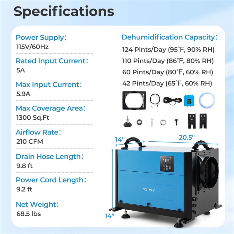 124 PPD Commercial Dehumidifier, 1300 Sq.Ft Crawl Space Dehumidifier with Drain Hose, Auto Defrost, 3 Modes & 24H Timer for Basement, Warehouse
