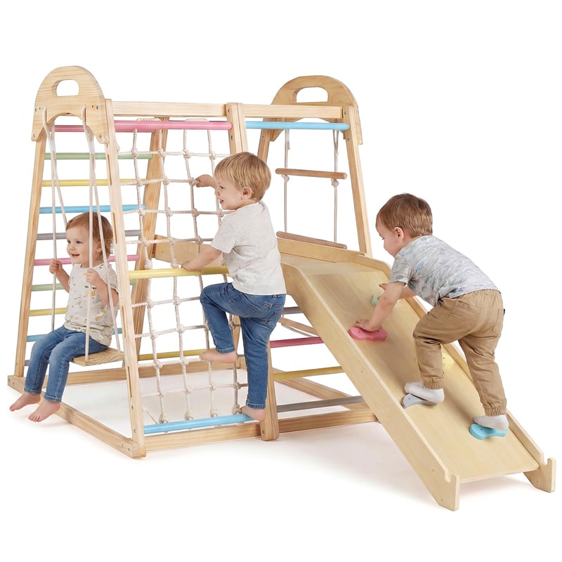 8-in-1 Wooden Indoor Jungle Gym Montessori Playground Climber Playset w/ Double-Sided Slide, Swing, Monkey Bar, Rope Ladder for Kids Ages 3-8