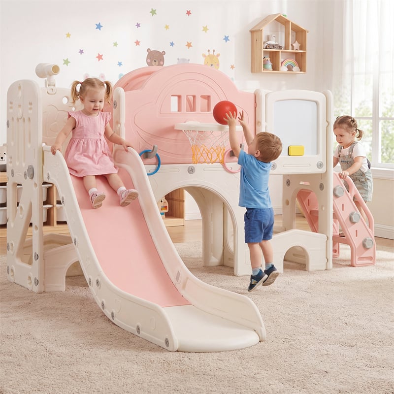 10 in 1 Toddler Slide Set, Kids Slide and Climber Playset with Magnetic Whiteboard, Basketball Hoop & Ring Toss, Indoor Playground for Ages 3+