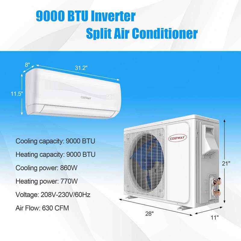 9000 BTU 17 SEER2 Mini Split Air Conditioner & Heater, 208-230V Wall-Mounted Inverter Ductless Split AC System with Heat Pump, Cools up to 450 Sq.Ft