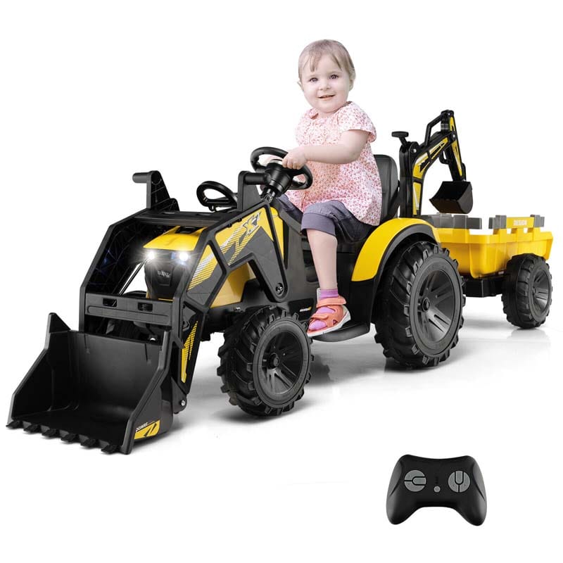 12V 3-in-1 Kids Ride On Tractor Excavator Bulldozer with Remote Control, Trailer & Shovel, Battery Electric Construction Vehicle for Ages 3-8