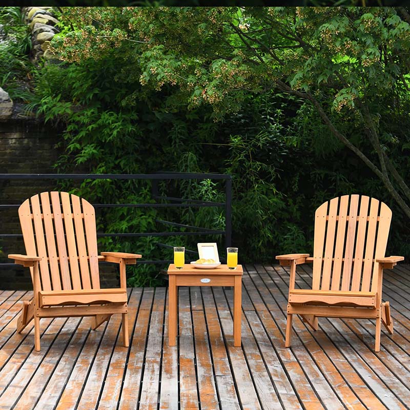 3-Piece Folding Adirondack Chair Set with Side Table, Eucalyptus Wood Outdoor Lounger Chairs & Table Set for Backyard, Garden, Poolside