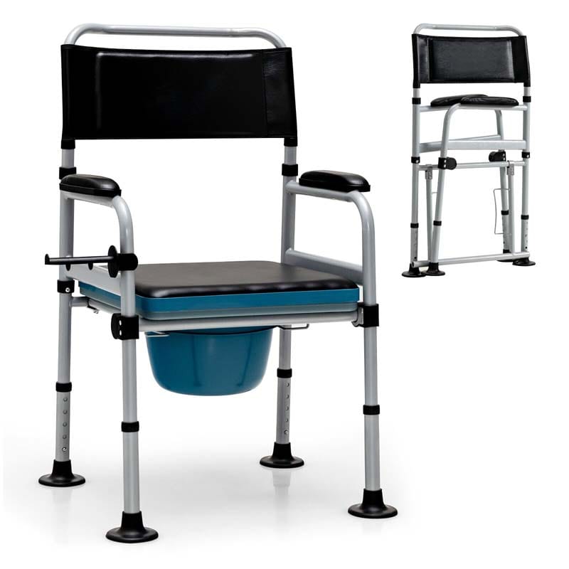 4-in-1 Folding Bedside Commode Chair with Arms, Height Adjustable Portable Toilet Bath Shower Potty Chair