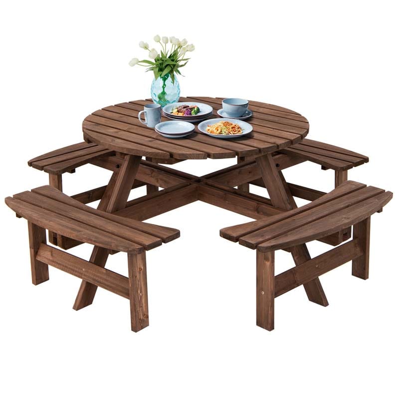 8-Person Outdoor Fir Wood Round Picnic Table with 4 Built-in Benches & Umbrella Hole, 2200LBS Capacity All-Weather Patio Dining Set for Garden Yard