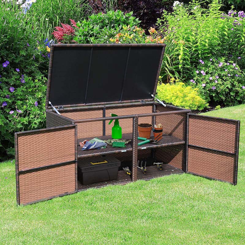 88 Gallon All-weather Rattan Deck Box, Outdoor Wicker Storage Container Cabinet Bench with 2 Shelves & Openable Door for Cushions, Tools