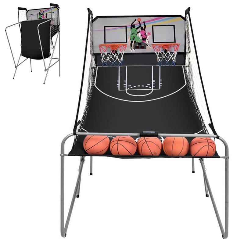 Foldable Dual Shot Basketball Arcade Game with LED Electronic Scoring, 8 Game Modes & 4 Balls, 2-Player Indoor Basketball Game for Kids Adults