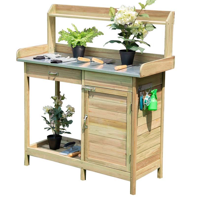 Outdoor Potting Bench Table, Fir Wood Garden Workstation with Metal Tabletop, Cabinet & Drawer, Storage Shelf for Backyard, Balcony