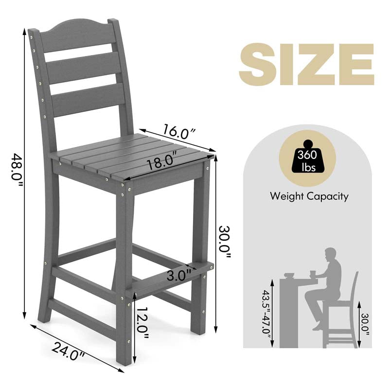 Outdoor HDPE Bar Stool, 30" Tall Patio Bar Chair with High Backrest & Footrest, All-Weather High-Top Barstool for Garden, Backyard