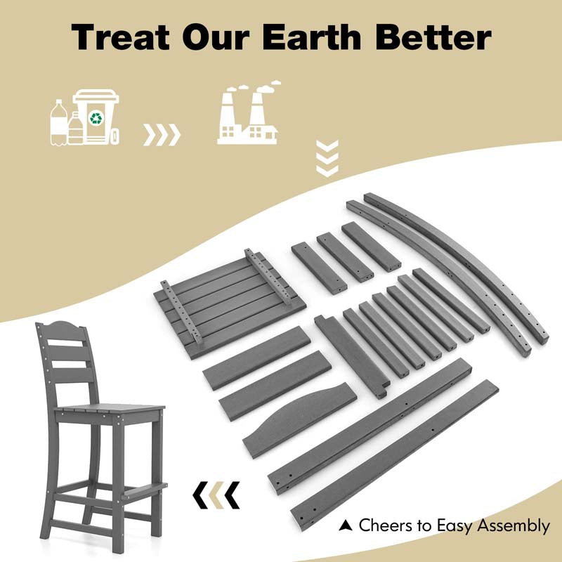 Outdoor HDPE Bar Stool, 30" Tall Patio Bar Chair with High Backrest & Footrest, All-Weather High-Top Barstool for Garden, Backyard