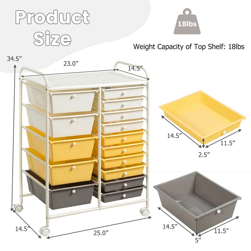 15-Drawer Storage Drawer Cart Tools Scrapbook Paper Organizer Cart Office School Utility Cart Rolling Storage Cart with Wheels