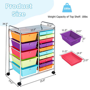 15-Drawer Storage Drawer Cart Tools Scrapbook Paper Organizer Cart Office School Utility Cart Rolling Storage Cart with Wheels