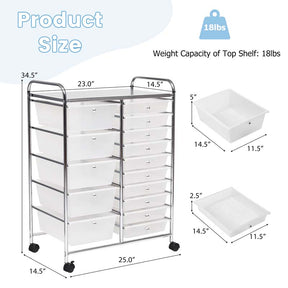15-Drawer Storage Drawer Cart Tools Scrapbook Paper Organizer Cart Office School Utility Cart Rolling Storage Cart with Wheels