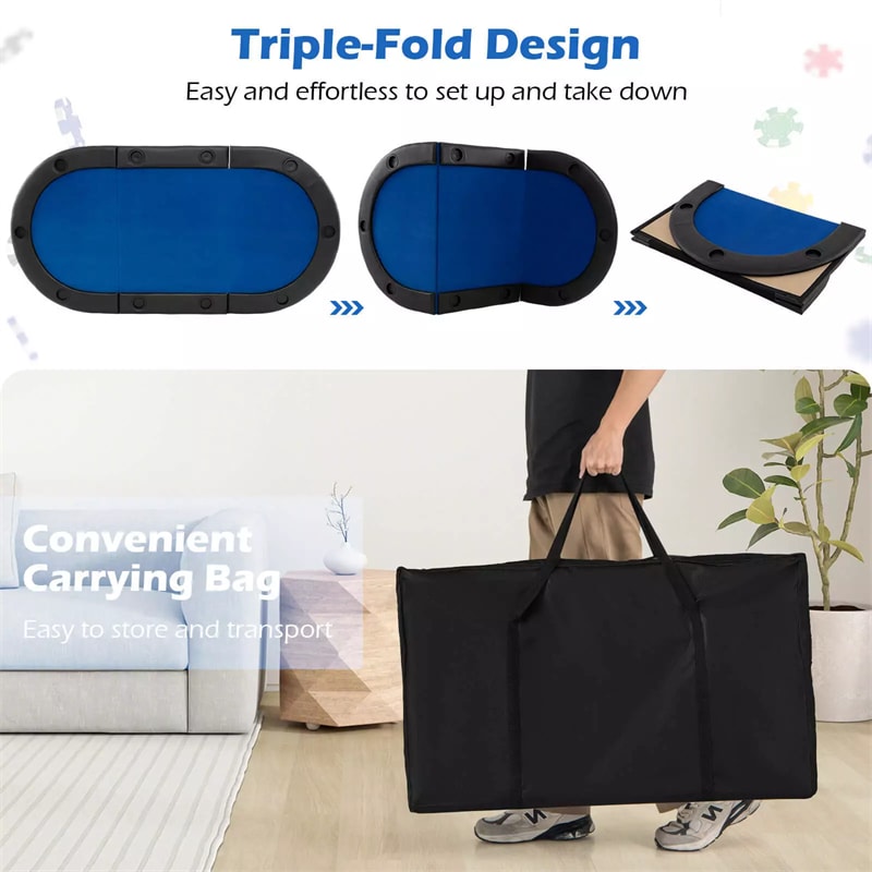 10-Player Triple-Fold Poker Table Top Portable Padded Oval Topper | Eletriclife