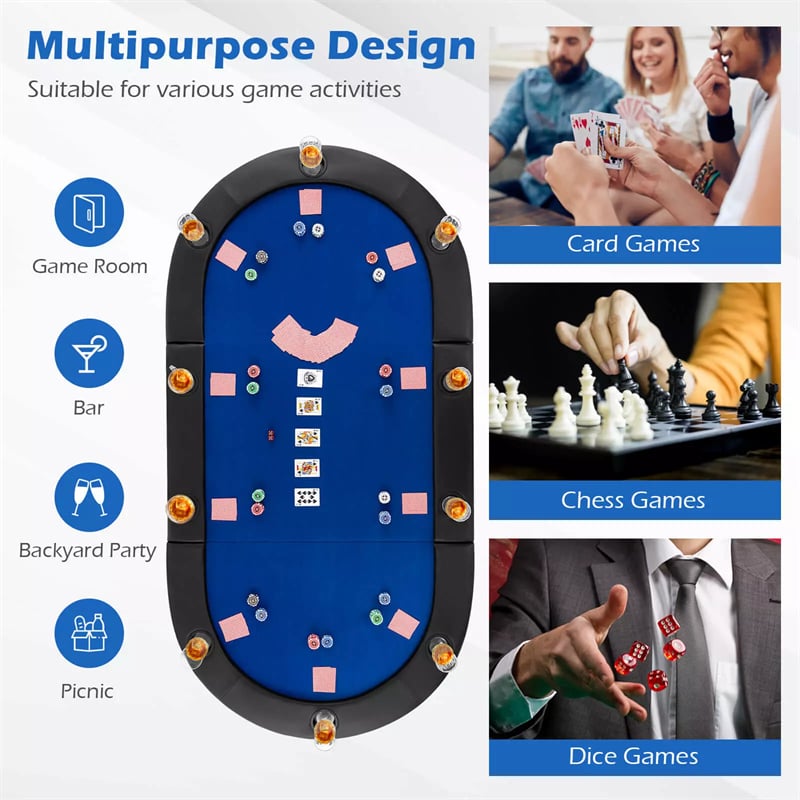 10-Player Triple-Fold Poker Table Top Portable Padded Oval Topper | Eletriclife