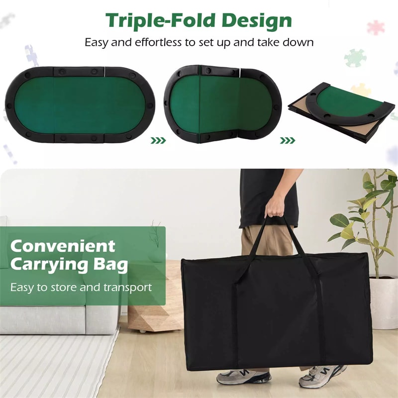 10-Player Triple-Fold Poker Table Top Portable Padded Oval Topper | Eletriclife