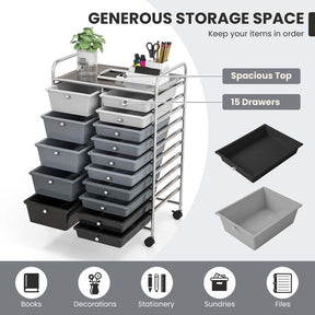 15-Drawer Storage Drawer Cart Tools Scrapbook Paper Organizer Cart Office School Utility Cart Rolling Storage Cart with Wheels