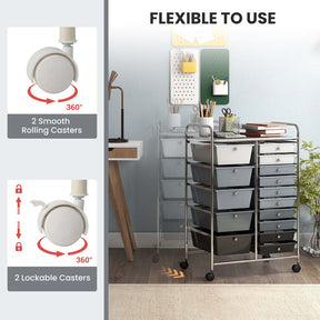 15-Drawer Storage Drawer Cart Tools Scrapbook Paper Organizer Cart Office School Utility Cart Rolling Storage Cart with Wheels