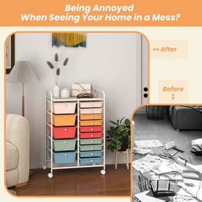 15-Drawer Storage Drawer Cart Tools Scrapbook Paper Organizer Cart Office School Utility Cart Rolling Storage Cart with Wheels