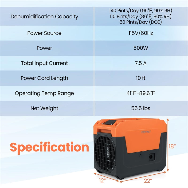 140 Pints Commercial Dehumidifier, 4500 Sq.Ft Portable Industrial Dehumidifier with Pump & Drain Hose for Basements, Warehouse, Job Sites