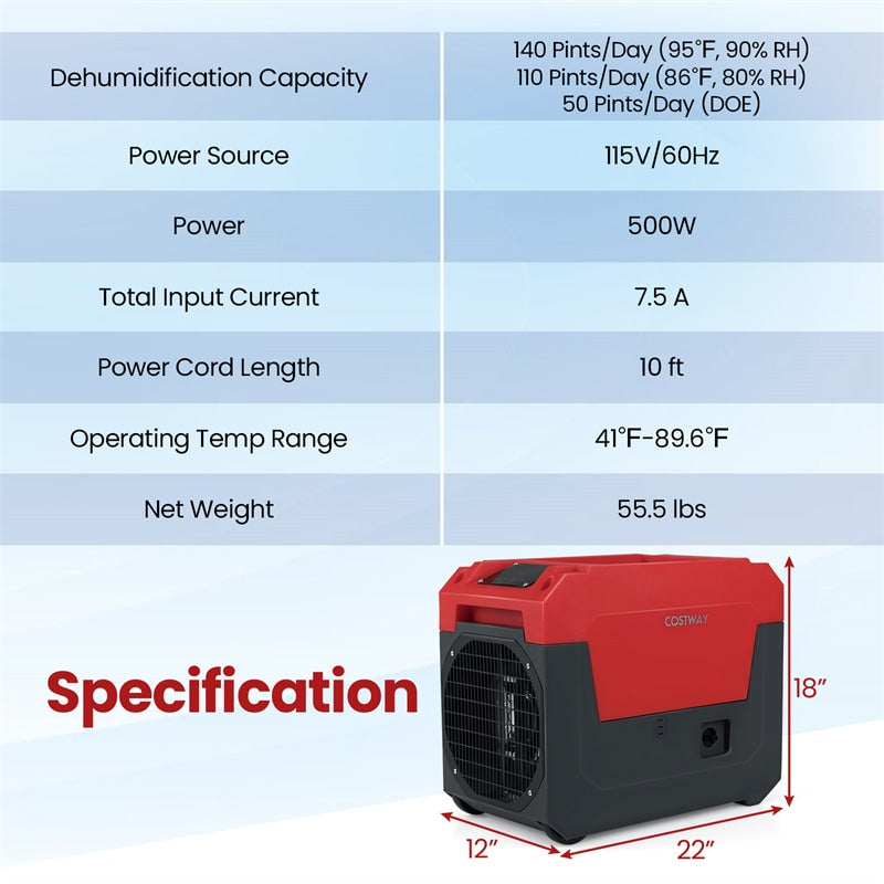 140 Pints Commercial Dehumidifier, 4500 Sq.Ft Portable Industrial Dehumidifier with Pump & Drain Hose for Basements, Warehouse, Job Sites