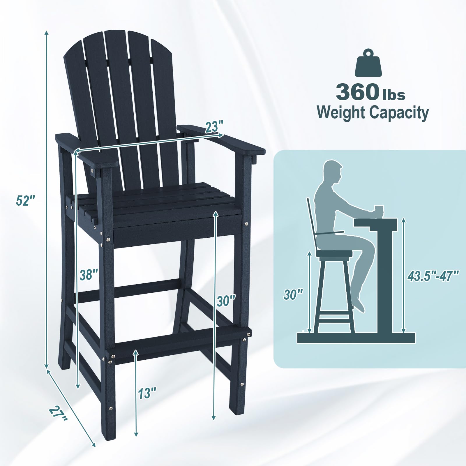 30" Tall Adirondack Bar Chairs, All-Weather HDPE Outdoor Bar Height Stools with Backrest, Armrests & Footrest for Backyard, Poolside